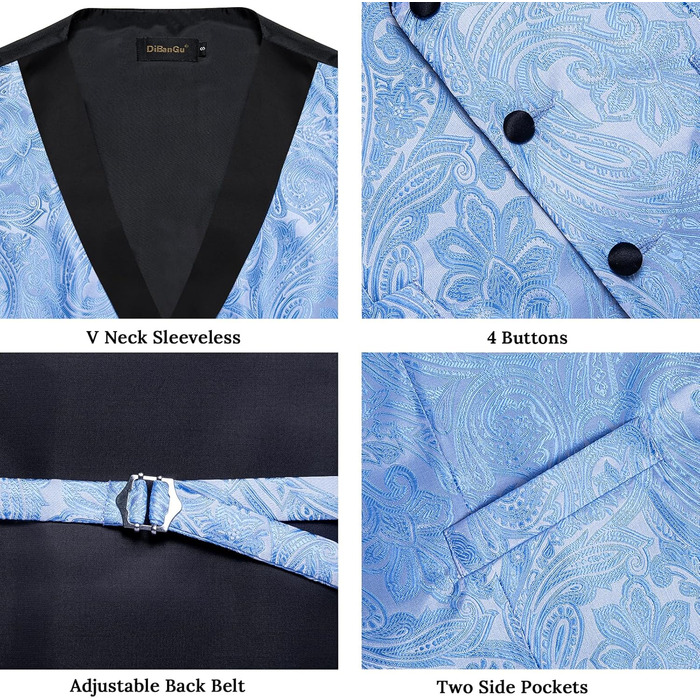 Костюм чоловічий DiBanGu 7-частинний: жакардовий піджак, жилет, краватка, кравецький комірець, сорочка, штани. Ідеально для весілля, свят, офіційних заходів. Кольори: золото та чорний (XXL, небесно-блакитний)