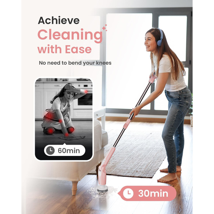 Leebein Electric Cleaning Brush, 2024 New Spin Scrubber with 8 Interchangeable Brush Heads, Remote Control, Adjustable Long Handle 38-132CM & 2 Speeds and for Bathroom/Kitchen