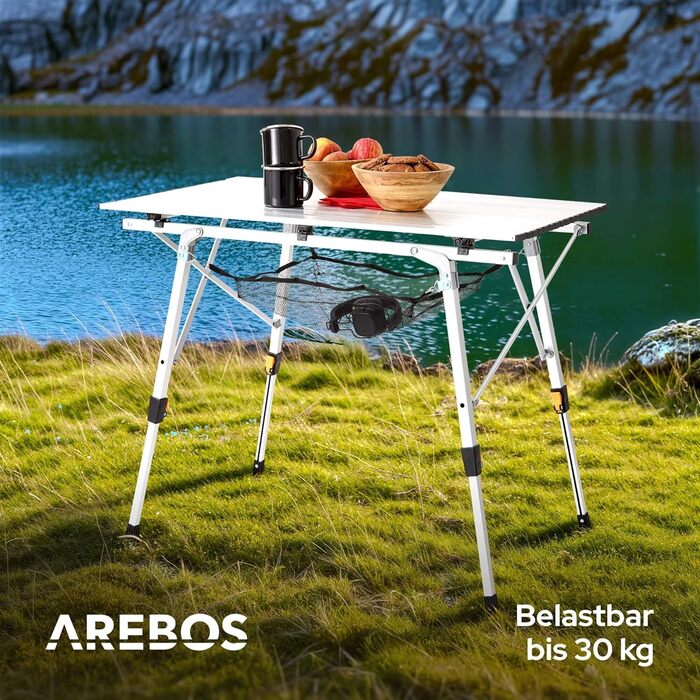 Складаний туристичний стіл Arebos 90x51,5 см, регулювання висоти 47-69 см, срібний | Для кемпінгу, саду, грилю, пікніка | З сумкою