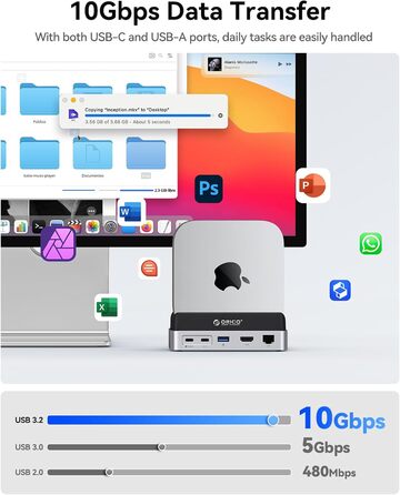 ORICO MiniDock: Док-станція та підставка для Mac mini M4/M4 Pro з корпусом для NVMe SSD, USB-C хаб з 4K HDMI та DisplayPort, SD/TF 3.0, USB-C/A 10Gbps, PD 100W - VS10 (10-в-1, 4TB)