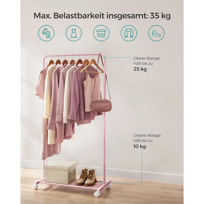 SONGMICS Clothes Rack, Rolling Garment Rack, Metal Wardrobe Stand, Rolling Wardrobe 91 cm wide, with Shelf, 2 Swivel Wheels with Brake, Rod Load Capacity up to 40 kg, HSR025A01 (Pastel Pink, 74x40.5x158cm)