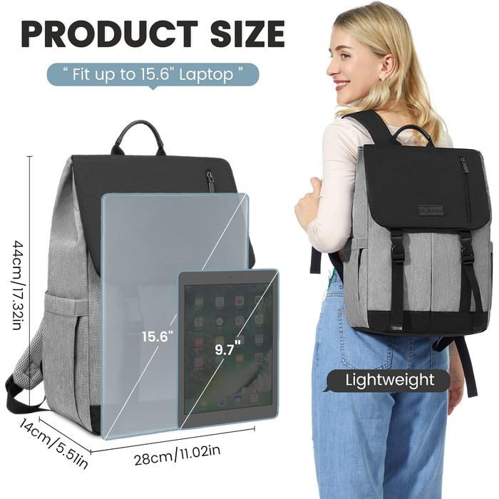 LOVEVOOK Рюкзак для жінок Елегантний 15.6 дюймів для ноутбука Водостійкий Шкільний рюкзак для дівчаток, підліток, рюкзак для жінок, рюкзак на кожен день, для університету, школи, подорожей, бізнесу (15.6 дюймів, Сірий, Чорний)