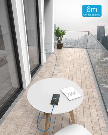 Кабель USB-C на USB-A 6м, блакитний, нейлон - для Samsung, iPhone, Redmi, Pixel