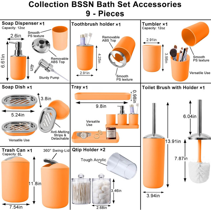 9-Piece Bathroom Accessory Set – Trash Can, Soap Dispenser Set, Soap Dish, Toilet Brush with Holder, Toothbrush Holder, Cup, Tray, Cotton Swab Holder, (Silver and Orange)