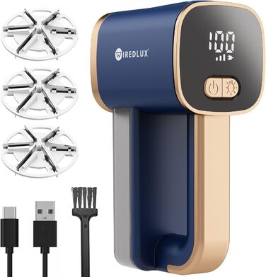 Електричний машинка для видалення катишків WiredLux для одягу та меблів, LED-підсвітка, 3 швидкості, 6-лезова, USB-зарядка, графітово-сірий/мідний, кобальтово-синій/мідний