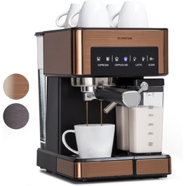 Klarstein Espresso Siebträgermaschine: Компактна кавомашина еспресо з молочною піною, 1,8 л, 20 бар, нержавіюча сталь, 0,5 л резервуар для молока, 1350 Вт, для меленої кави, колір мідний