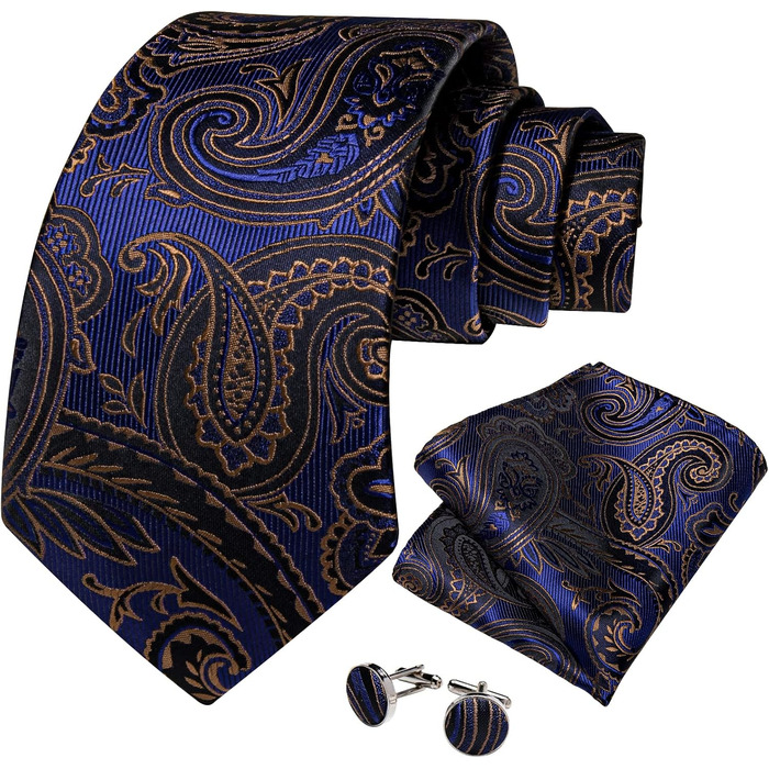 Комплект краватка, хустинка та запонки DiBanGu Paisley (шовк, золотисто-синій) для ділових чоловіків