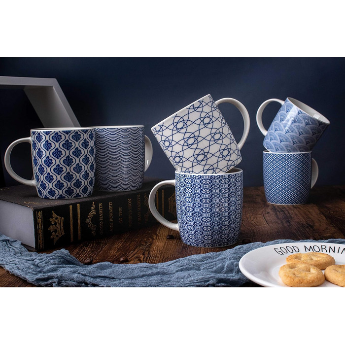 Set of 6 coffee cups with black and white geometric pattern, ceramic tea cup set of 6 (black cup set) (Blue)