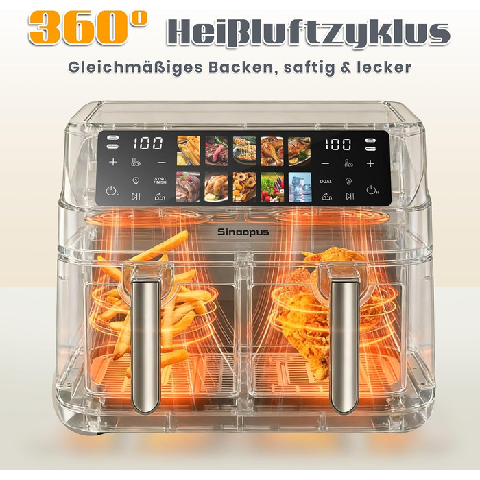 Фритюрниця з двома камерами 9л Heißluftfritteuse, 1700 Вт, сенсорний дисплей, нержавіюча сталь