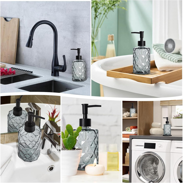 Набір з 3 скляних дозаторів для мила Omtofo, 330 мл, чорний, з нержавіючою сталею, для ванної кімнати