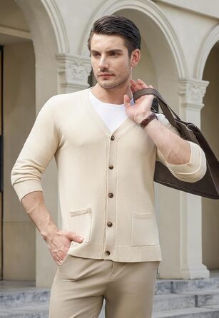 Чоловічий светр з V-подібним вирізом KUYIGO, в'язаний, з ґудзиками, з кишенями, легкий, м'який, apricot (3XL, XL)