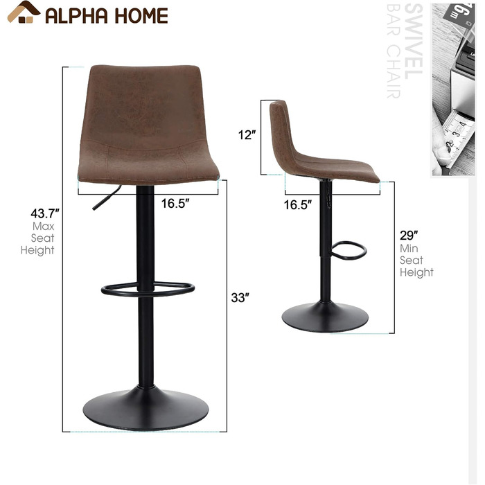 ALPHA HOME Барні стільці 2 шт. Регульована висота, поворотні, для кухні, з підніжкою та спинкою, PU шкіра, коричневі