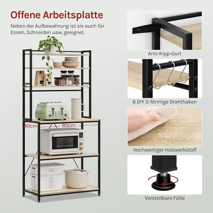 Стійка кухонна WOLTU з 6 полицями, металева та з інженерної деревини, 60 x 167 x 40 см, рустикальний коричнево-чорний колір