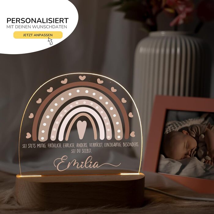 Night light for children with desired name, personalized night lamp dimmable - With cute animal motif as personalized gifts for children for baptism, birth, Easter & baby gifts (rainbow heart brown)