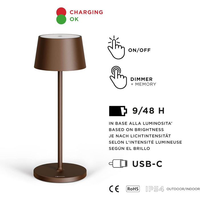 Стильна LED-лампа Stilosa на акумуляторі - бездротова, диммер, сенсорне керування, USB-C, для дому та на вулицю (діаметр основи 30 см, бронза)