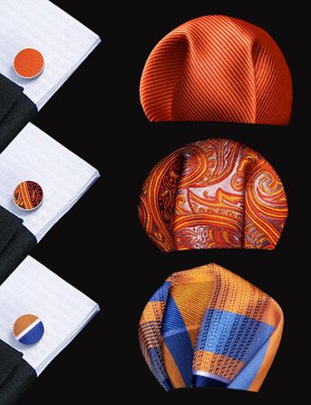 Набір краваток Barry.Wang для чоловіків з візерунком пає, тканина - шовк, з чохлом, краваткові затискачі, формальний стиль (оранжево-смугастий)