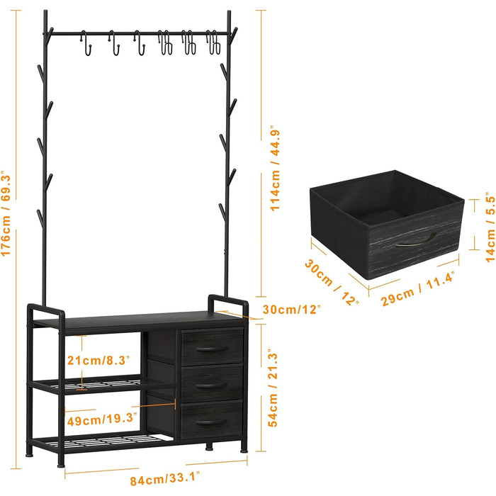 Вішалка для одягу з лавкою Leader Accessories, метал, чорний/чорне дерево, 176x30x84 см