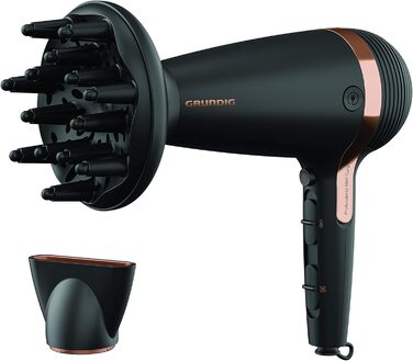 Фен GRUNDIG Naturashine HD 7081 з іонізацією, керамічним захистом, Cool Touch насадкою, 2100 Вт, 3 температурні та 2 режими повітряного потоку, холодна функція, знімний кабель, чорний / рожеве золото