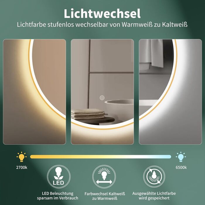 Дзеркало для ванної кімнати HOKO ULM 60 см з підсвічуванням LED, нагрівом проти запотівання та сенсорним вимикачем. Колір: золото. Розміри: 80x80 см