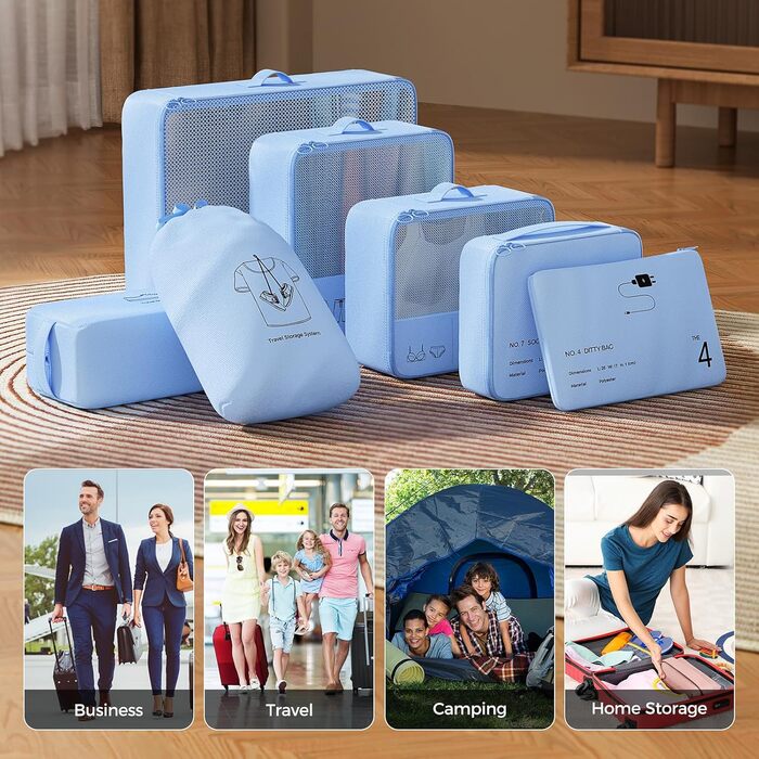 Організатор для валізи Yomisee, набір з 7 частин: Packwürfel Set, сумки для одягу в подорож, органайзер для валізи (блакитний)