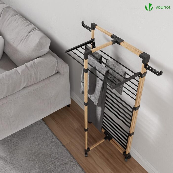 Сушарка для білизни VOUNOT вежа 3-ярусна, складана, на колесах, біла (чорна) - 25м, імітація дерева