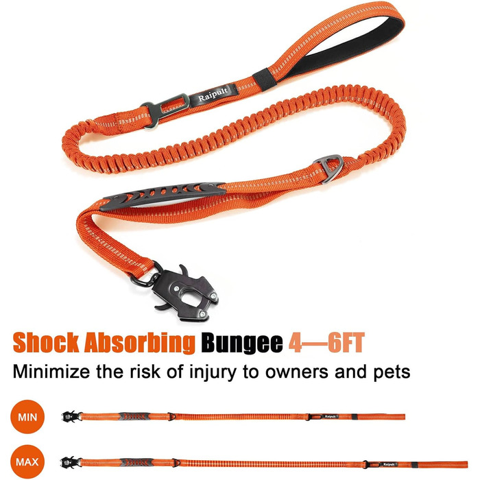 Міцна тактична повід для собак Raiput Bungee, 1.2-1.8 м, проти тяги, з карабіном, світловідбиваючі, амортизуючі, для середніх собак (Orange 2.0, Large)