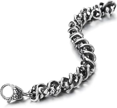Браслет чоловічий COOLSTEELANDBEYOND з готичним черепом та ланцюгом, нержавіюча сталь, сріблястий колір