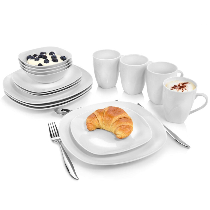 Набір посуду SÄNGER Bilgola, 16 предметів, білий, для 4 осіб. Посуд з порцеляни: тарілки, чашки, миски. Преміум-якість, квадратний дизайн.