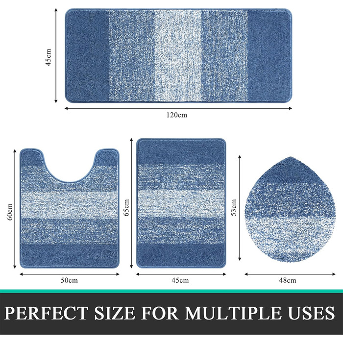 Enyhom 4-Piece Microfiber Bath Mat Set - Non-Slip Bathroom Rugs & Toilet Lid Cover (Blue, 45x65cm, 45x120cm, 50x60cm, 48x53cm)