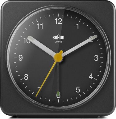 Braun Classic Analog Alarm Clock with Snooze Function and Light, Silent Quartz Movement, Crescendo Alarm, Black Model BC03B