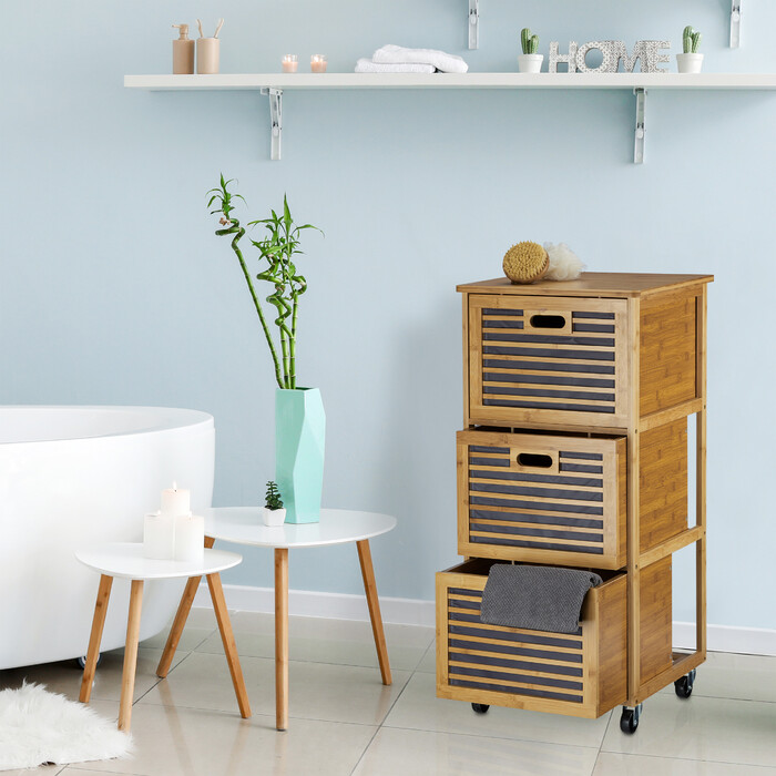 Relaxdays Bamboo Rolling Cart with Drawers