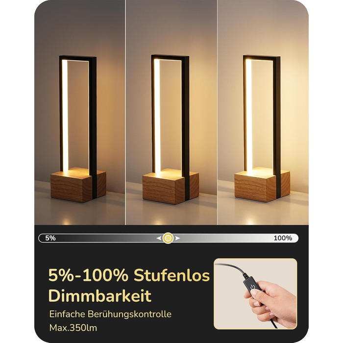 LED настільна лампа EDISHINE з дерева, торкання, регулювання яскравості та функцією пам'яті, 3 колірні температури, 350 люмен, сучасна лампа для вітальні, офісу, подарунок, чорний сучасний стиль
