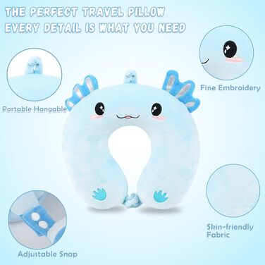 Дитяча подушка для подорожей з маскою для сну, м'яка подушка для шиї з Memory Foam, для дітей, хлопчиків та дівчаток, підлітків, аксесуари для подорожей (Блакитний Аксолотл)