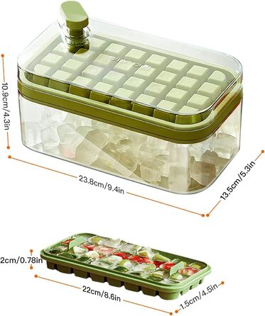 AHOUGER 2023 Ice Cube Tray with Lid & 64 Ice Cube Molds - One-Click Food-Grade Ice Cube Mold for Instant Release of All Ice Cubes (BPA-Free), Green