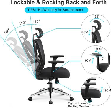 Ticova Ergonomic Office Chair - Adjustable Lumbar Support, Headrest & 3D Armrests