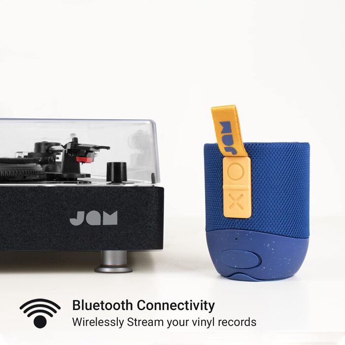 Програвач вінілу JAM з колонками Bluetooth – чорний. Пластинки 33/45/78 об/хв, пилозахисний ковпак, попередньо налаштований тонарм, засіб для чищення вінілу в комплекті