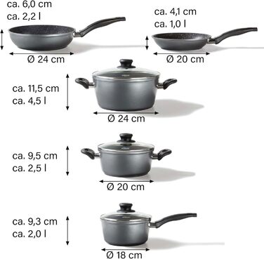 STONELINE Cookware Set Induction, 8-piece cookware set with lids, saucepan set coated with real stone particles, aluminum cast cookware and frying pans suitable for all types of cooktops