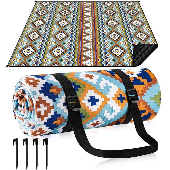 Плед для пікніка Boho 200x200 см, водонепроникний, антипісочний, з ручкою та кілочками, XL килимок для кемпінгу, пляжу, парку, прогулянок в стилі бохо