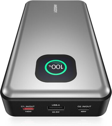 Powerbank 140W, 25000mAh з цифровим дисплеєм, PD3.1 для ноутбуків, MacBook, iPad, iPhone, Switch, Steam Deck (Срібний)