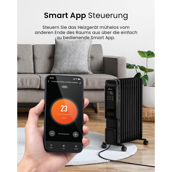 Електричний масляний радіатор Pro Breeze 2500W з 11 ламелями. Розумна система опалення, 3 режими, термостат, Wi-Fi, таймер 24 години, сенсорне керування, захист від перегріву. Білий.