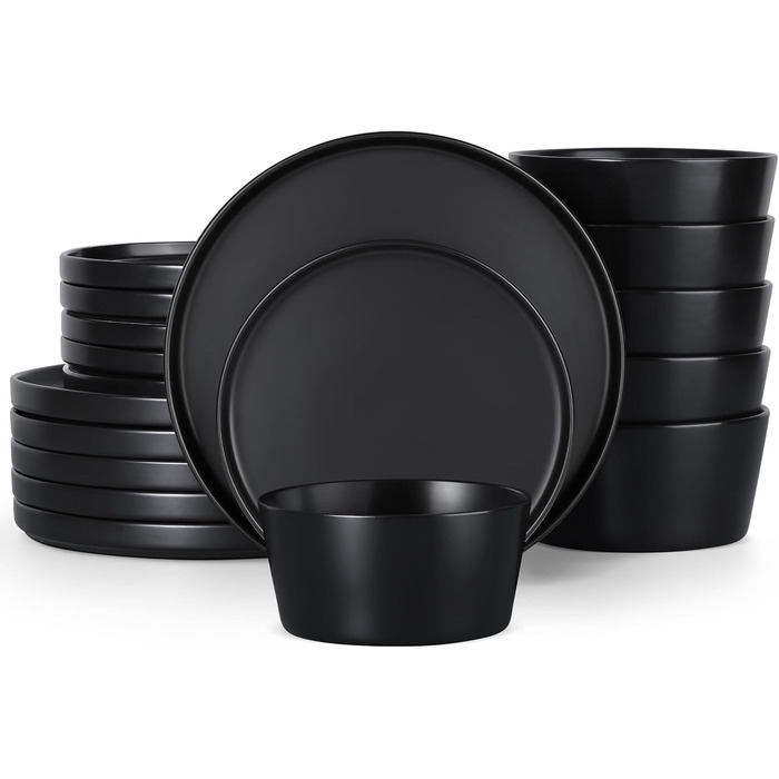 Набір посуду Homikit на 6 осіб: тарілки, миски, десертні тарілки, реактивна глазур, чорний колір, 18 шт.