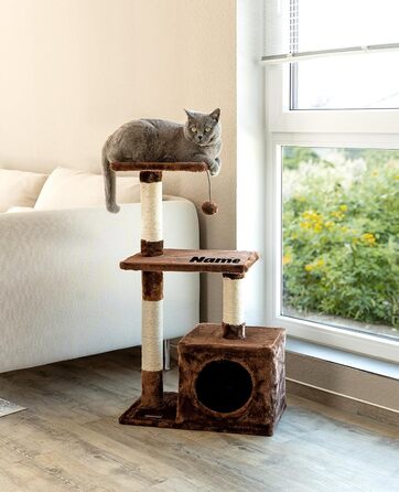 Lionto Scratching Post for Cats with Cave and Plush Ball incl. Bell, Height 85 cm, Cat Tree with Sisal & Plush, Cozy Lying Areas & Cave, Suitable for Small & Large Cats, (Brown (with nameplate))
