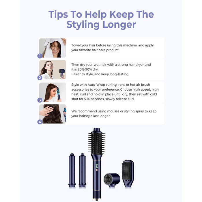 Airstyler 5 в 1: Фен-щітка з іонізацією, 20 м/с, 110 000 об/хв, для створення локонів та випрямлення, легкий, тихий, швидке сушіння, блакитний