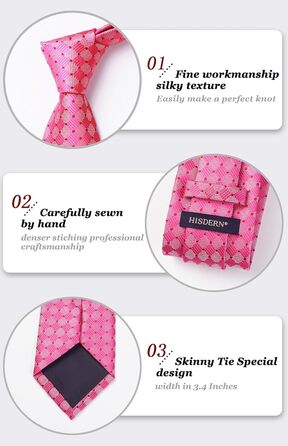 HISDERN Комплект краватки та нагрудного хустинки в клітинку для чоловіків (Фуксія Рожевий)