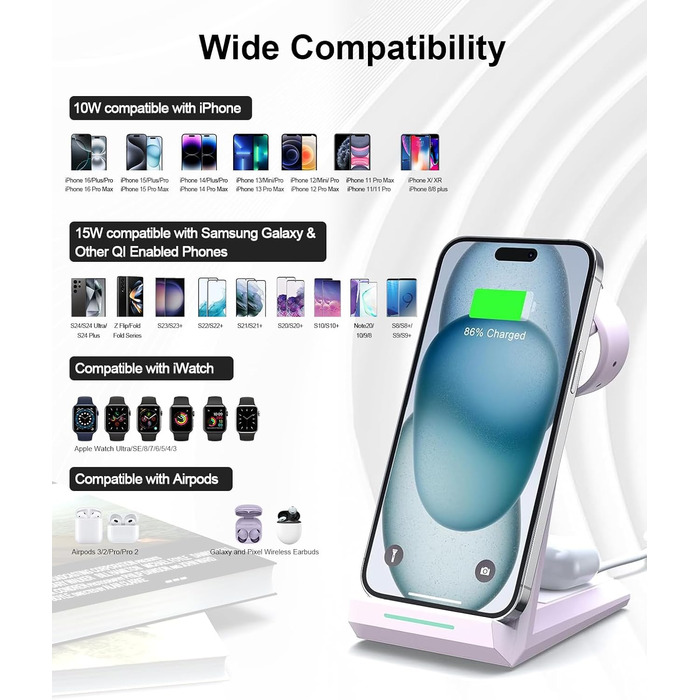 Бездротова зарядка 3-в-1 для Apple Watch, iPhone та AirPods Pro (білий/фіолетовий)