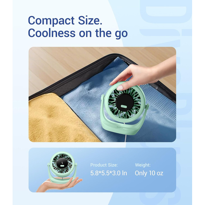 USB Turbo вентилятор для столу TurboBreeze (зелений): тиха робота, LED-дисплей, 5 швидкостей, 360° обертання, портативний
