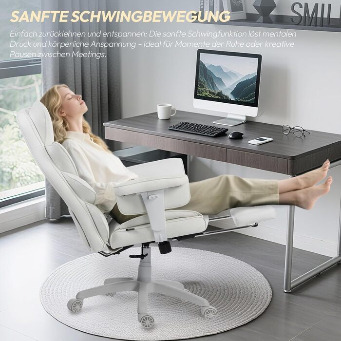 Ігровий крісло Dowinx, ергономічний офісний крісло з кишеньковим пружинним подушками, крісло для начальника з двошаровою м'якою спинкою та регульованою поперековою подушкою, підлокітниками та підставкою для ніг, комп'ютерне крісло (PU, білий) білий PU