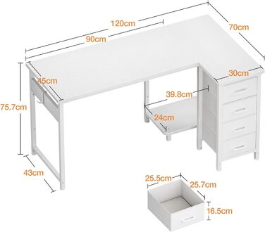Комп'ютерний стіл Coleshome L-подібний з шухлядами, 120 x 70 см (білий)
