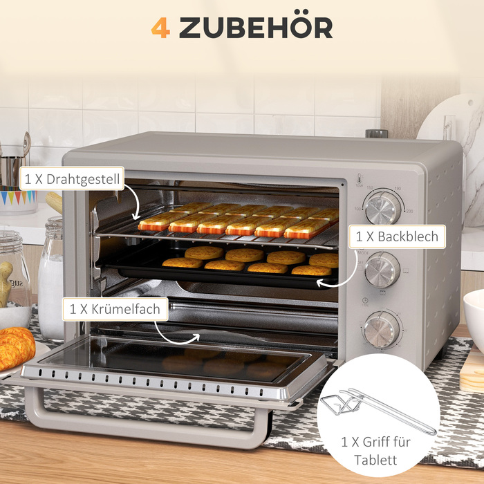 HOMCOM 21L Small Oven, 100°C-230°C, 1 Hour Timer, with 3 Cooking Modes, Wire Rack, Baking Tray, Stainless Steel, 46L x 38.5W x 29H cm, Silver | Aosom