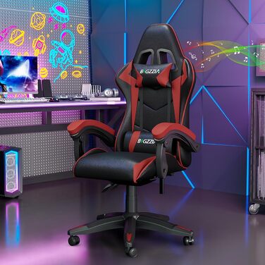 Геймерське крісло Racingreat LED RGB з підсвіткою, підголівником та підтримкою попереку, для дітей та дорослих (чорно-червоне, з динаміками)